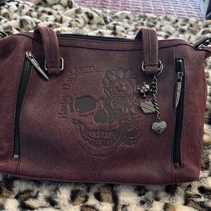 Harley-Davidson Burgundy Shoulder Bag with Skull and Floral Design